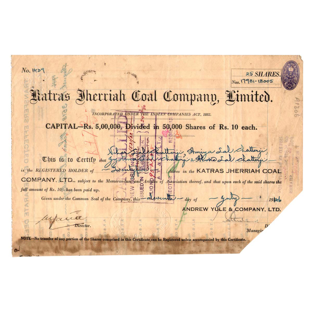 Paper, Katras Cherriah Coal Co. Ltd. Share Certificate of 25 Shares, dated 20 July 1946. 1