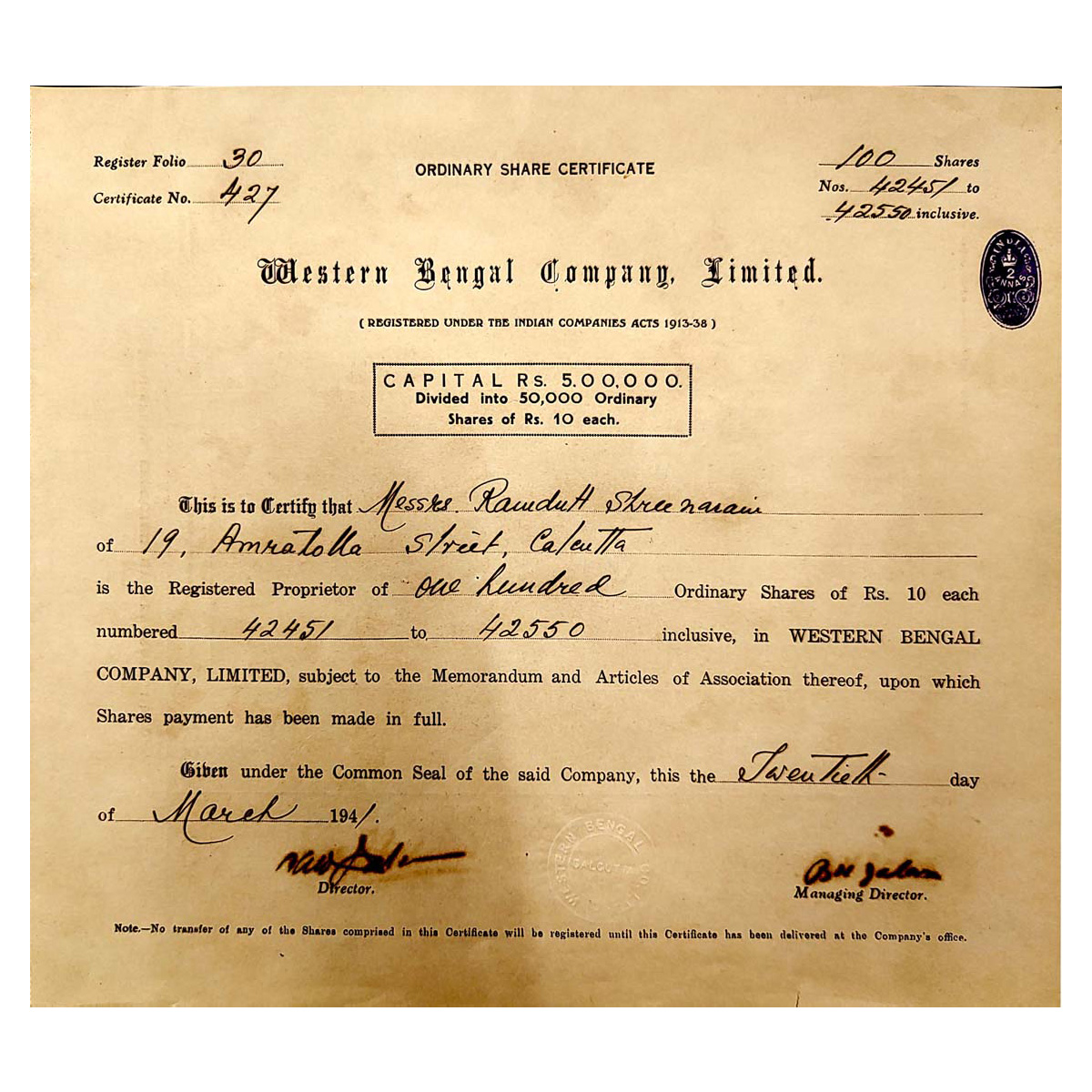 Paper, Western Bengal Co. Ltd. Share Certificate of 100 Shares, dated 20 March 1941. 1 Sta