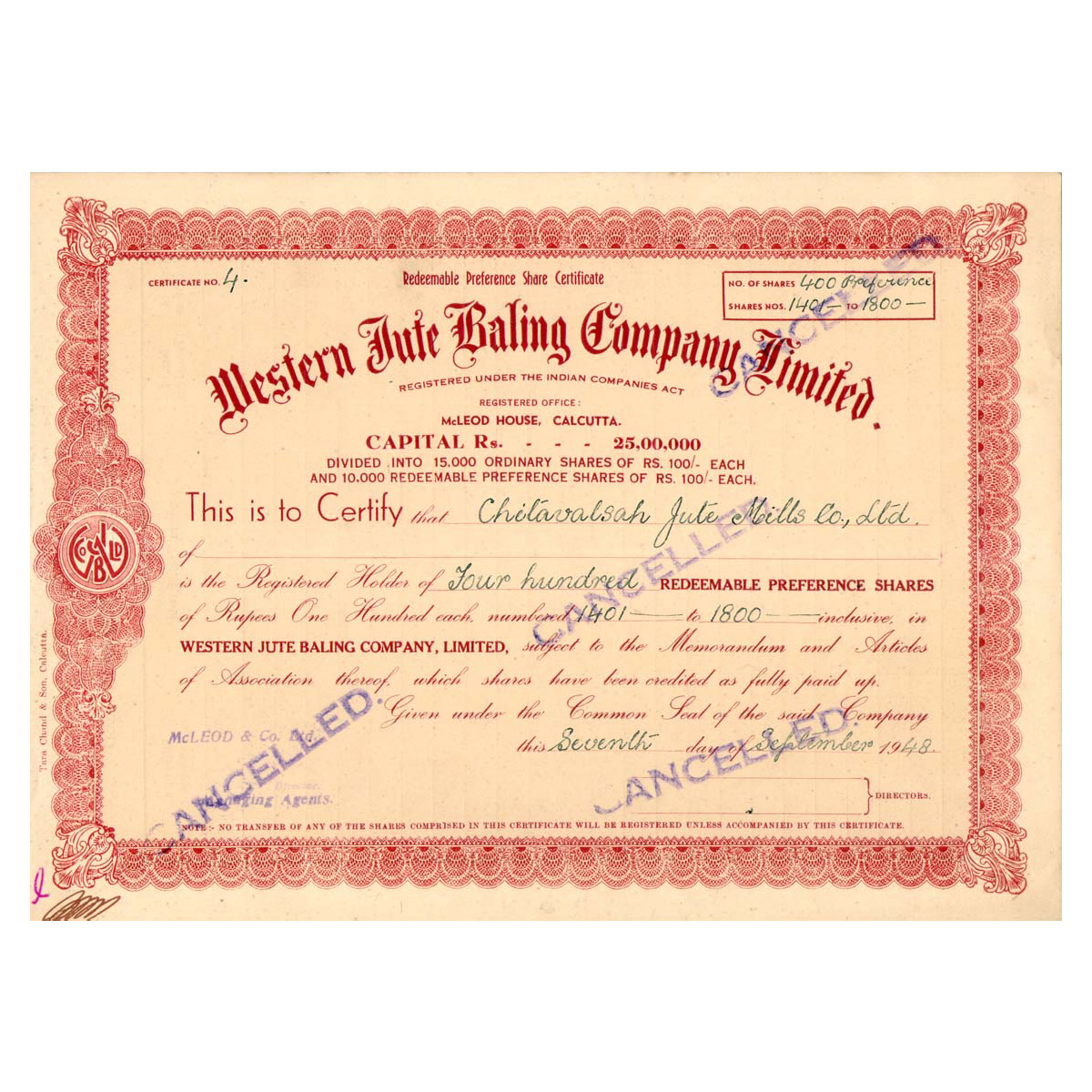Paper, Western Jute Bailing Co. Ltd. Share Certificate of 400 Shares, dated 7 September 19