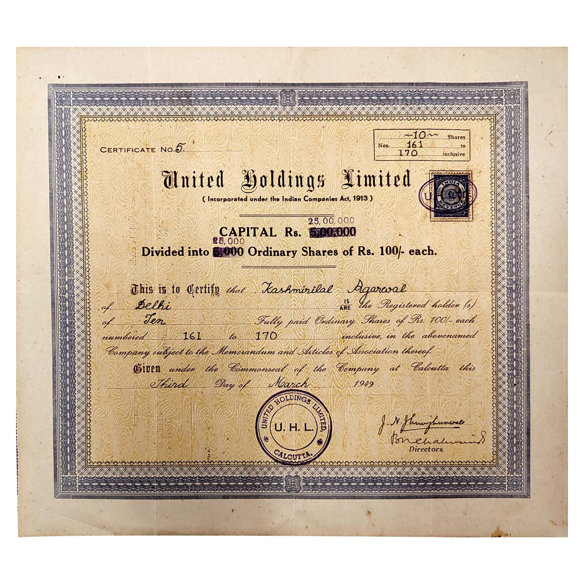 Paper, United Holdings Ltd. Share Certificate of 10 Shares, dated 3 March 1949. 1 Revenue 
