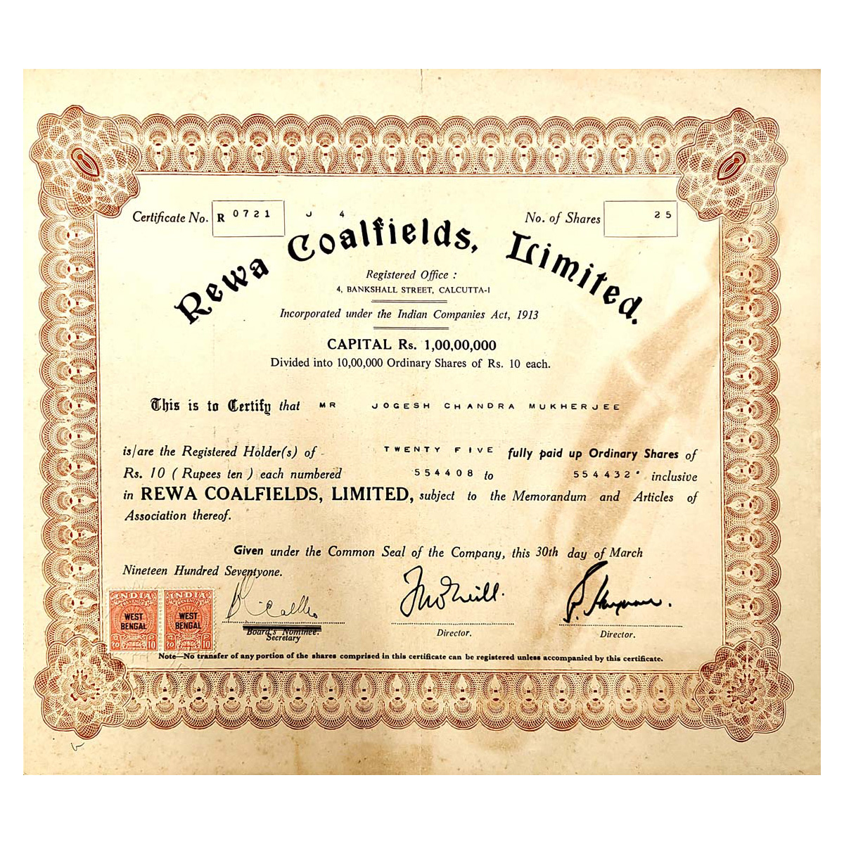 Paper, Rewa Coalfields Ltd. Share Certificate of 25 Shares, dated 30 March 1971. 2 Stamps 