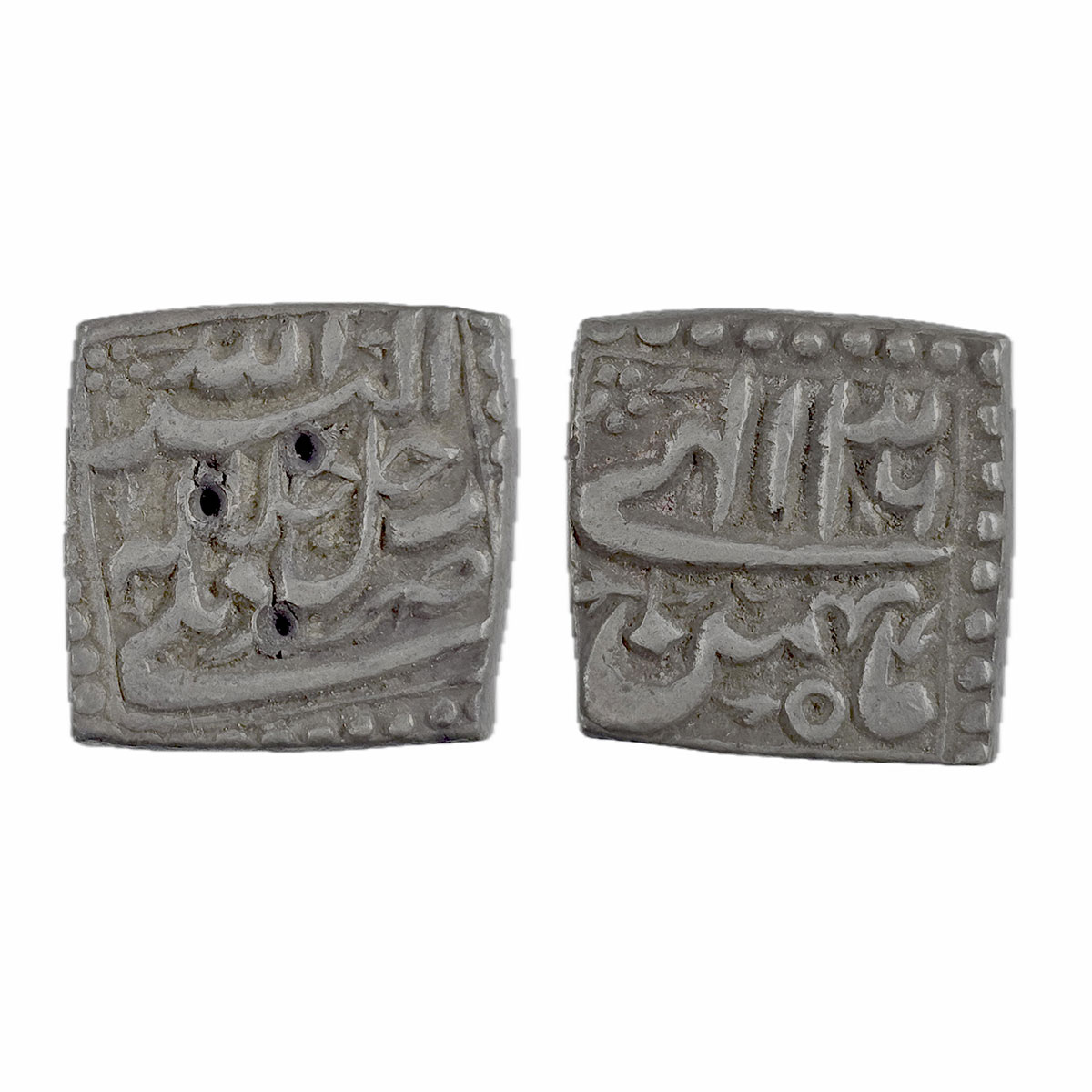 Akbar, Delhi mint, Silver, Square Rupee, Allahu Akbar type, Ilahi 36, Bahman Month. Unclea