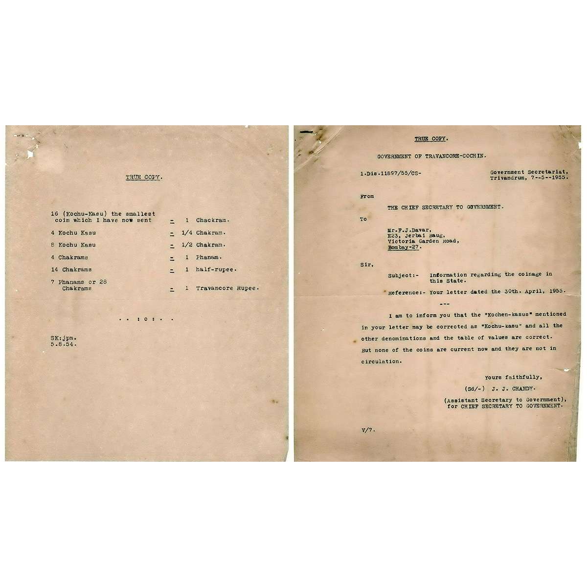 Paper, Travancore State Coin Letters (2), the first letter has a Table of Denominations an