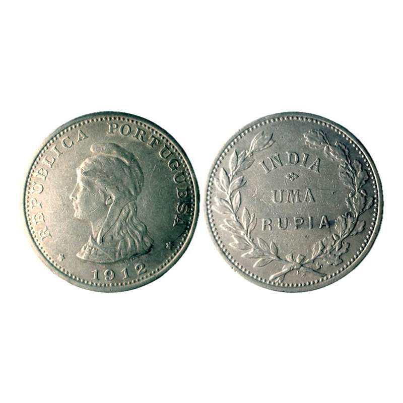 Goa, Republic, Silver, 1 Uma Rupia, 1912, the normal 2 without re-engraved 2 over 1 on obv