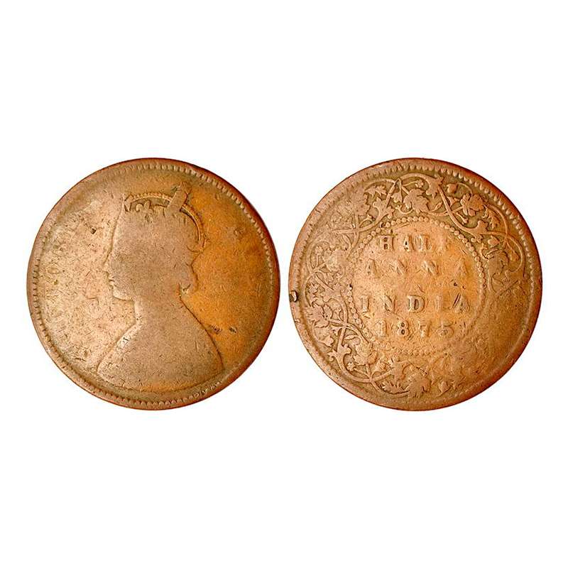 Victoria Queen, ½ Anna, 1875, Calcutta Mint, Obv. B and Rev. II type (GK# 818). Copper, 12