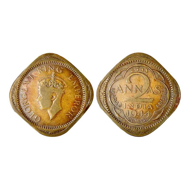 George VI, 2 Annas, 1944, Lahore Mint, L Mint Marks on reverse. Nickel-Brass, 5.79 g, Very