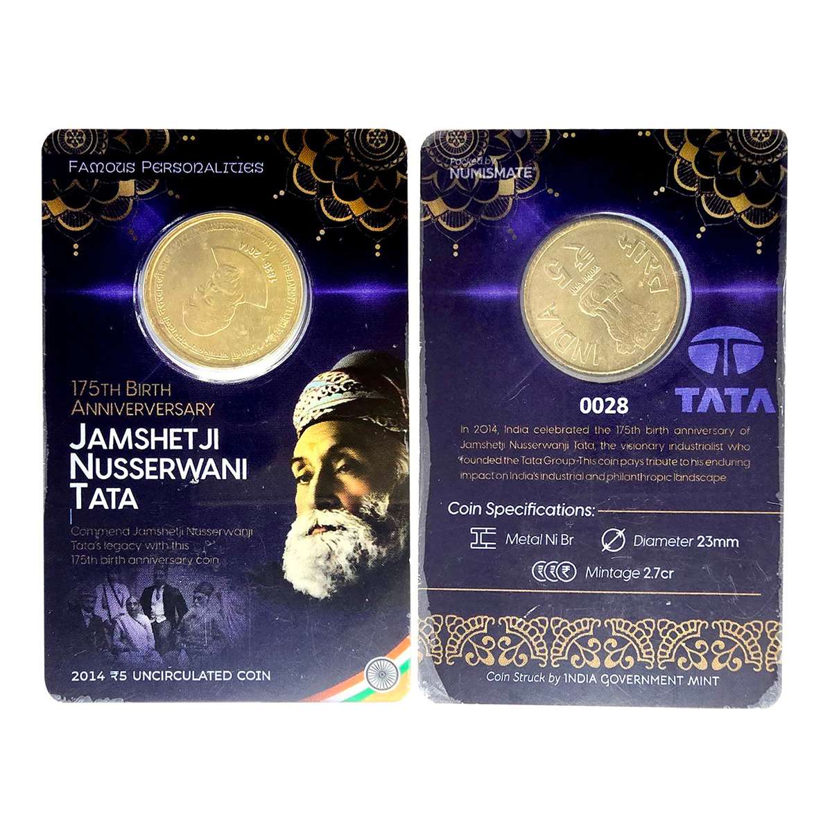 Nickel-Brass, 5 Rupees Special Issue, Special Card Packing issue of Jamshedji Tata. Origin