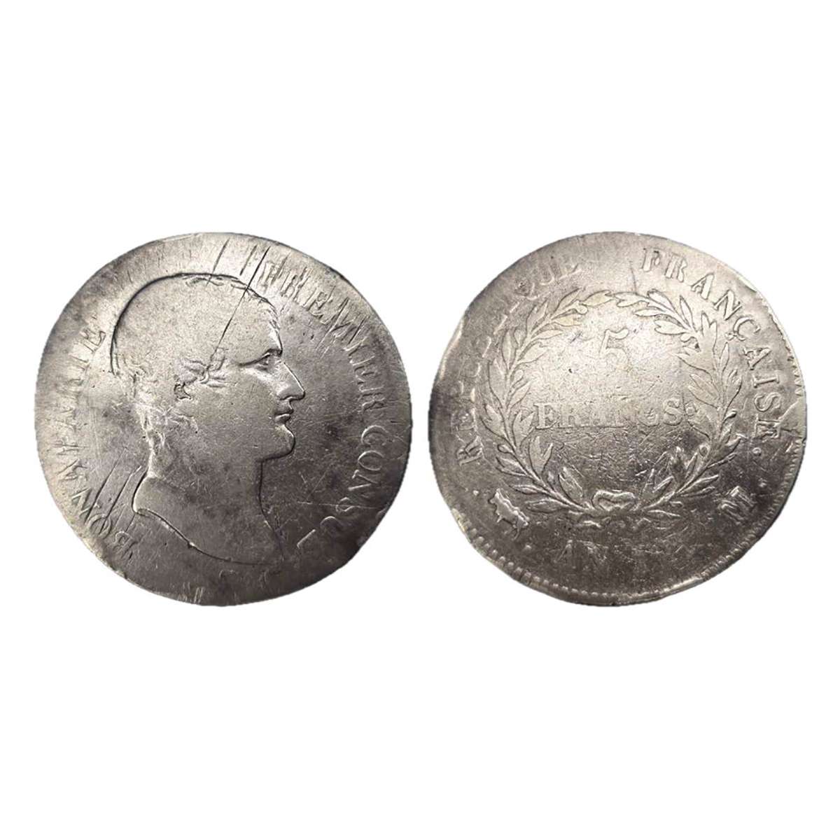 Silver, France, 5 Francs, 1803, Sivler, 25 g. Nepoleon as Consul. Obv: Bare Bust of Napole
