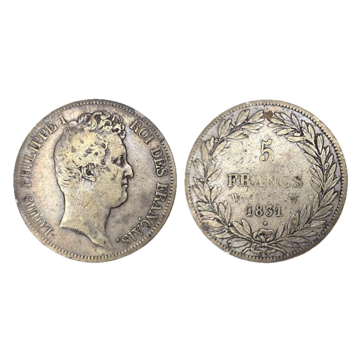 France, 5 Francs, 1831, Silver, 25 g. Luis Phillipe I. Obv: Bare Bust of Luis Phillipe I t