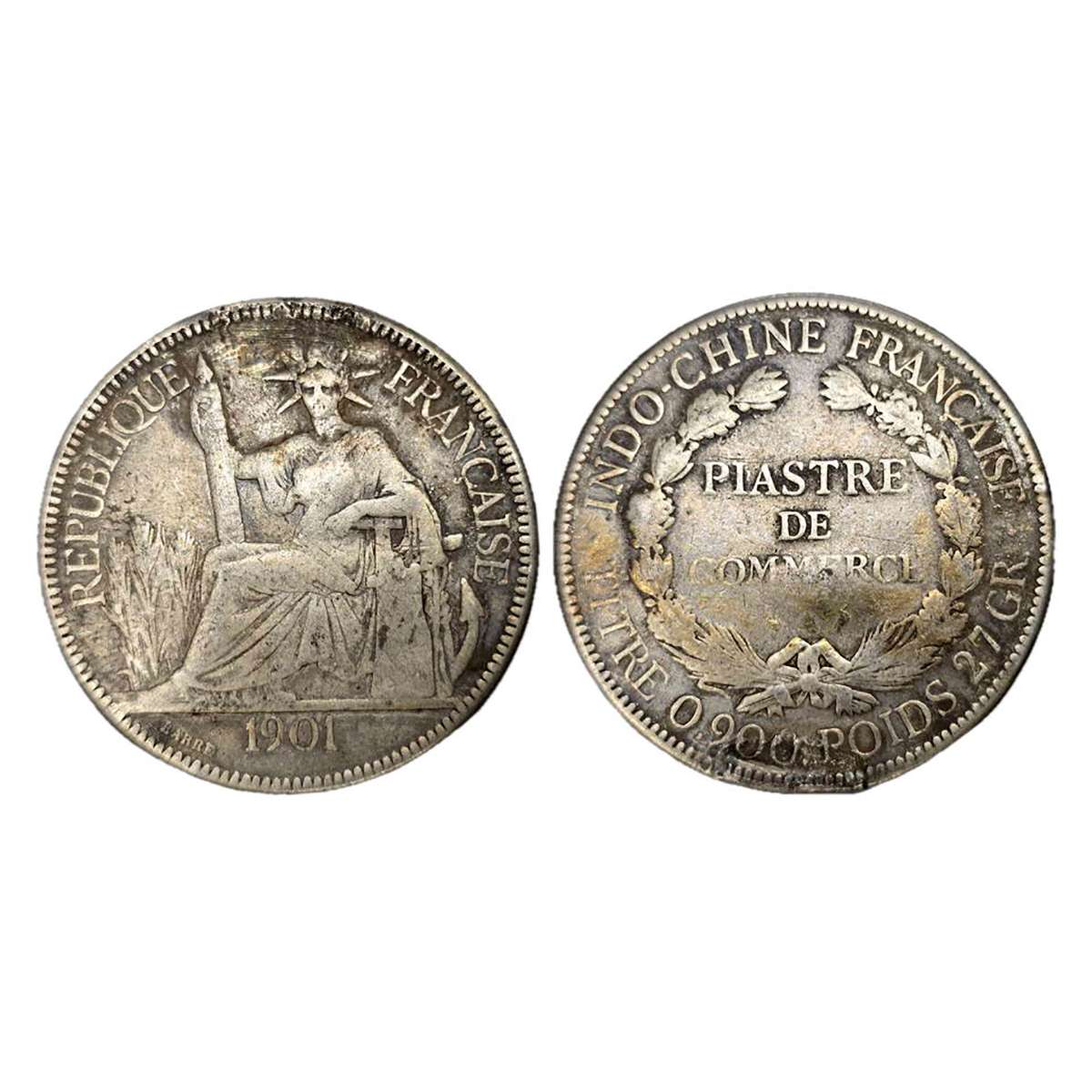 French Indo-China, Silver, 27 g, Piastre, 1901. Obv. Liberty seated left, rev. denominatio