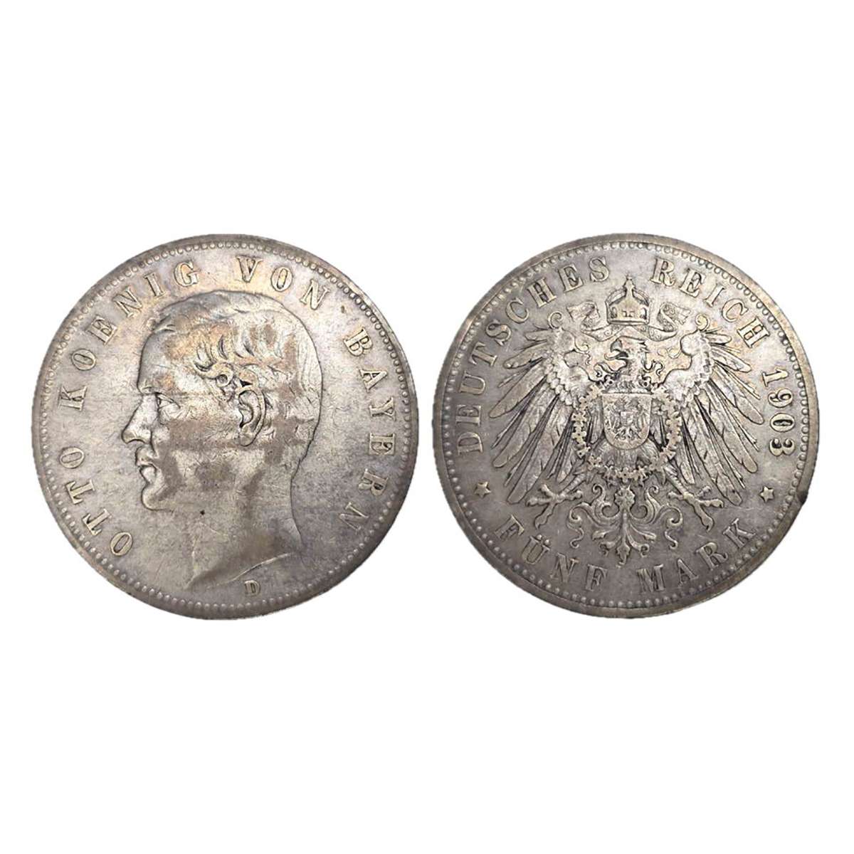 German States, Bavaria, 5 Marks, 1903, Silver, 27.6 g. D mint mark. Obv: Bust of Otto faci
