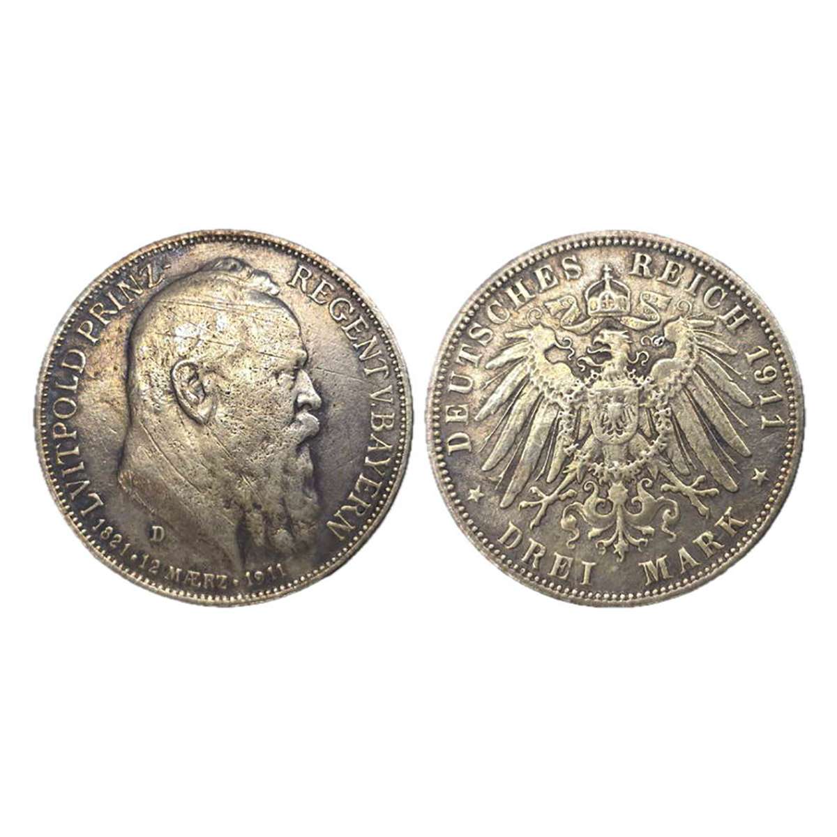 German States, Bavaria, 3 Marks, 1911, Silver, 17 g. Obv: Bust of Leopold as Prince Regent
