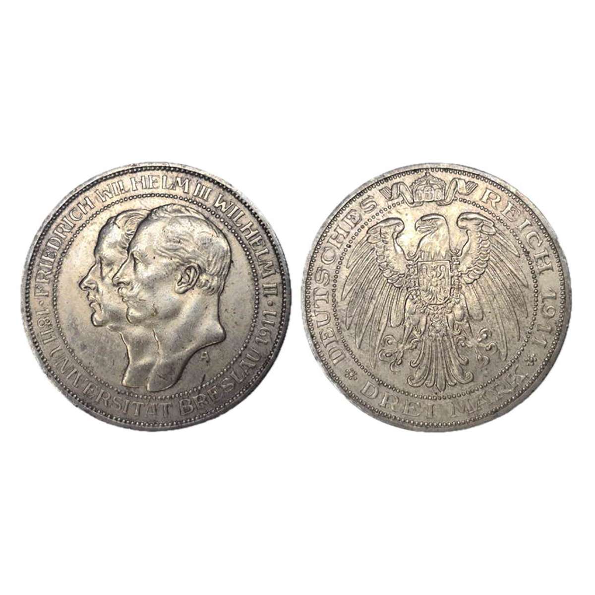 German States, Prussia, 3 Marks, 1911, Silver, 17 g. A mint mark. Breslav University 100th