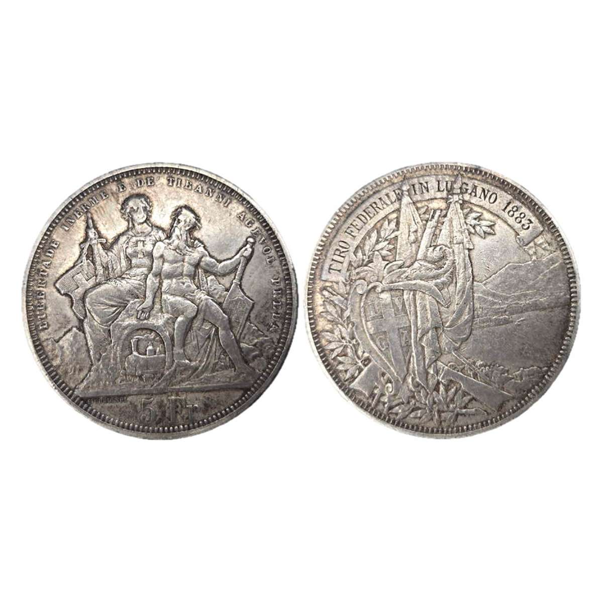 Switzerland, 5 Francs, 1883, Silver, 25 g. Lugano Shooting Festival 1883 Commemorative Iss