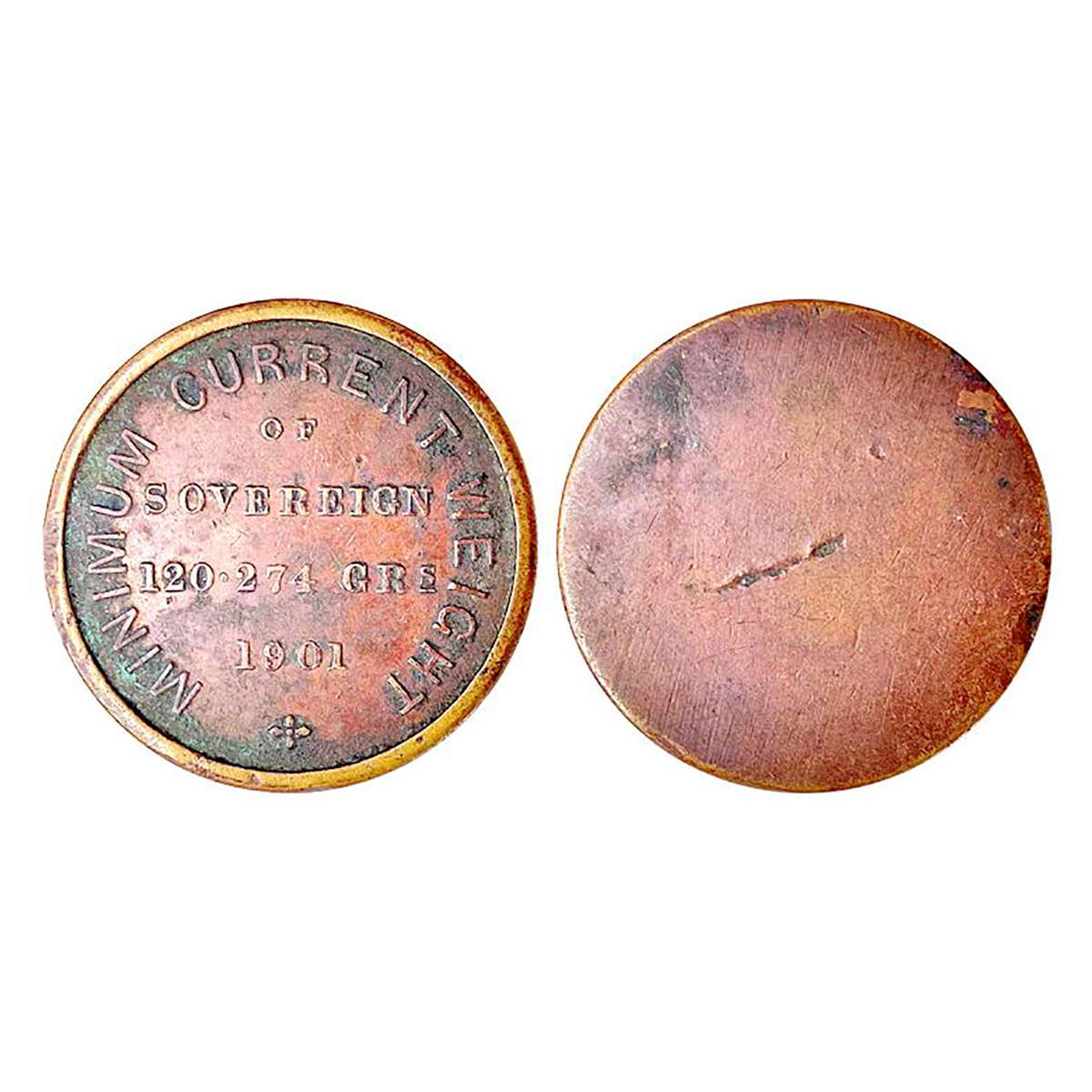 Copper, H.M. Calcutta Mint, Minimum Current Weight of half Sovereign, 58.637 Grains., 1901