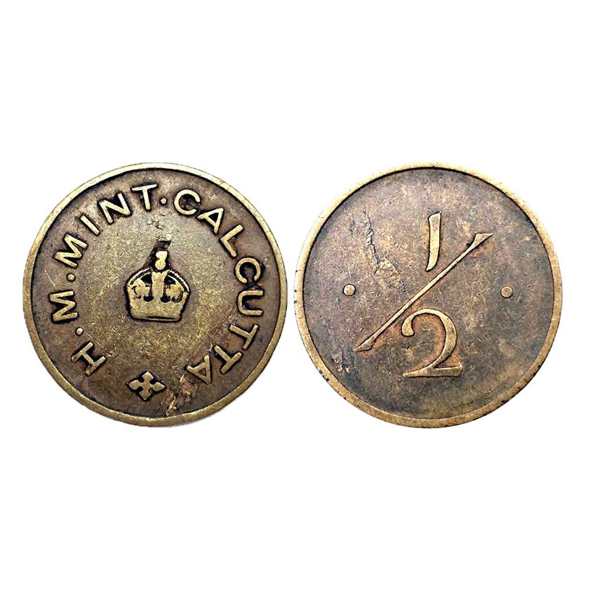 British Calcutta mint Token, Bronze, 2.63 g, British Crown in the centre and around H.M. M