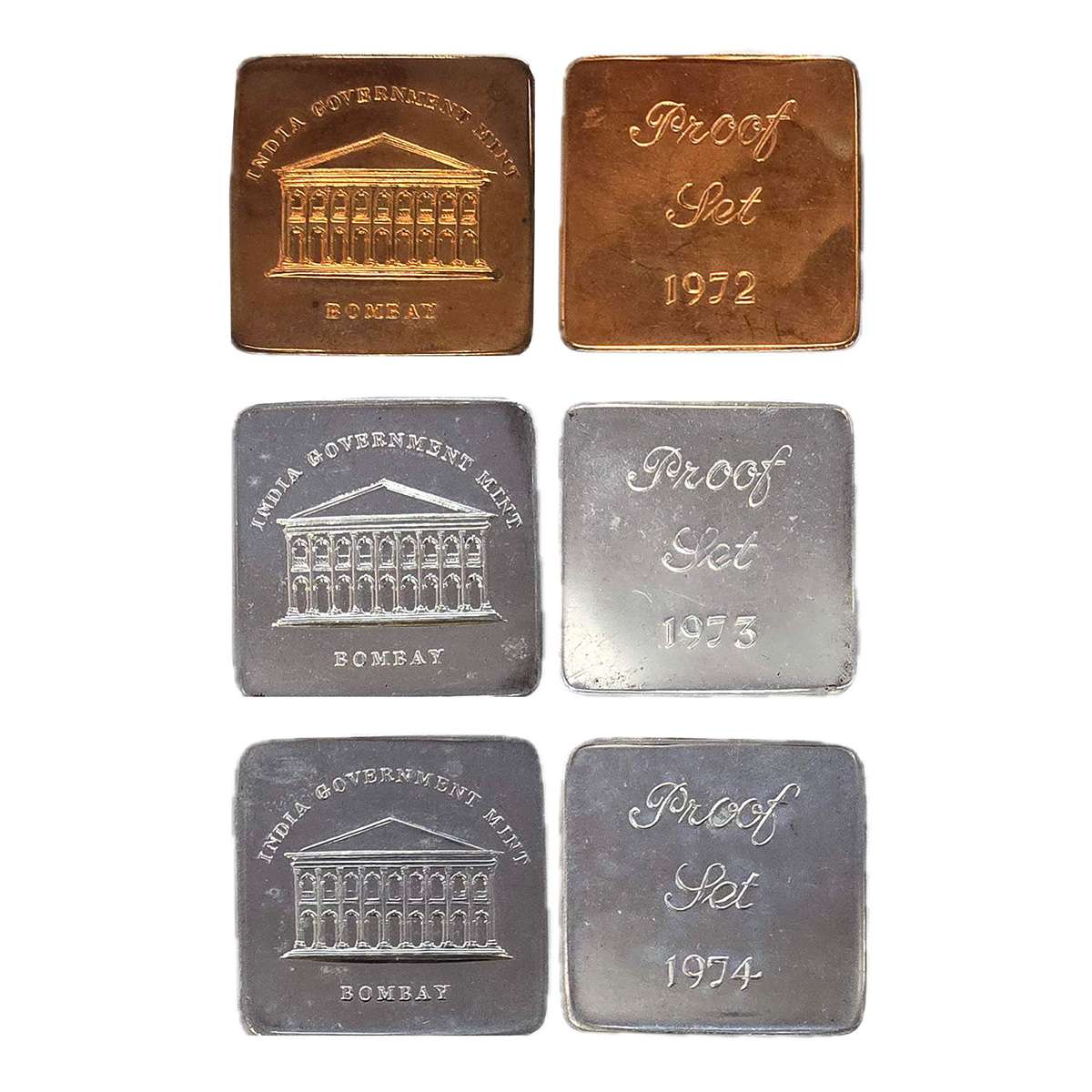 Mixed Alloy, Bombay Mint Proof Set Tokens, Copper and Aluminum (2), classic building of th