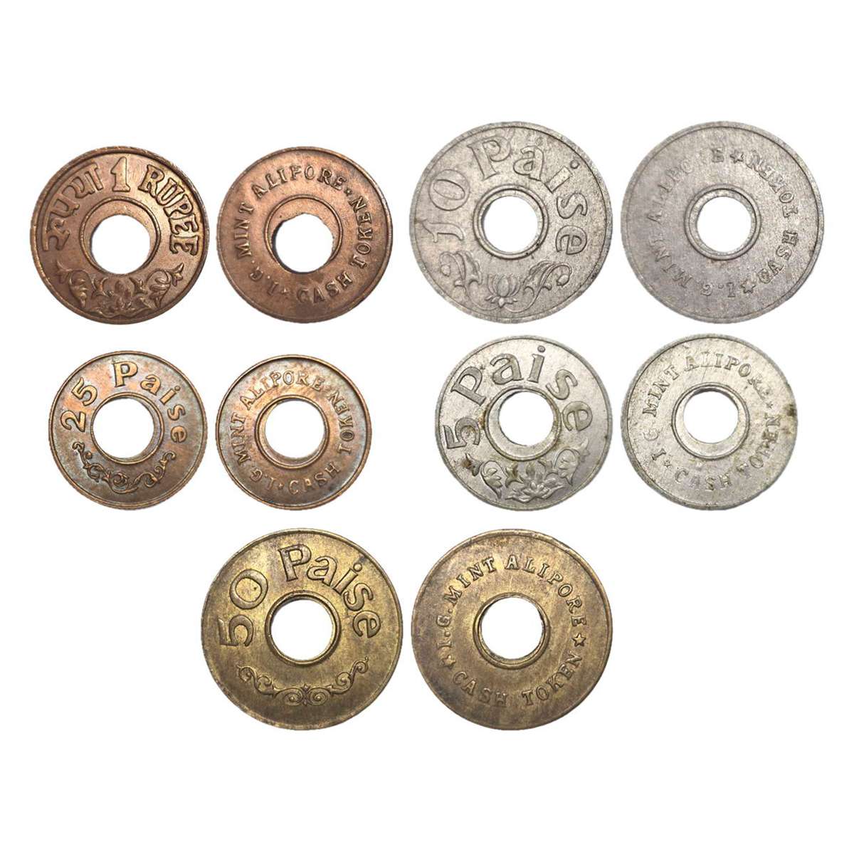 Mixed Alloy, I.G. Mint, Calcutta Canteen Tokens (5), Copper (3), Aluminum (2), all differe