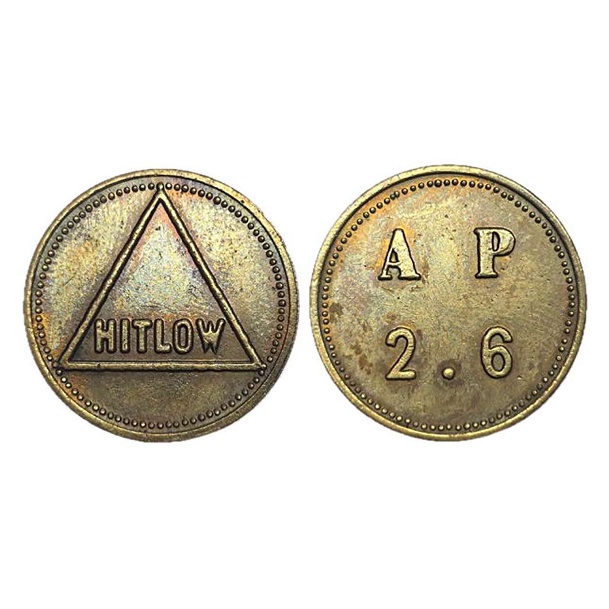 Hitlow Tea Token, Copper, 5.85 g, HITLOW in a triangle on obverse. Initials A. P. / 2. 6 o