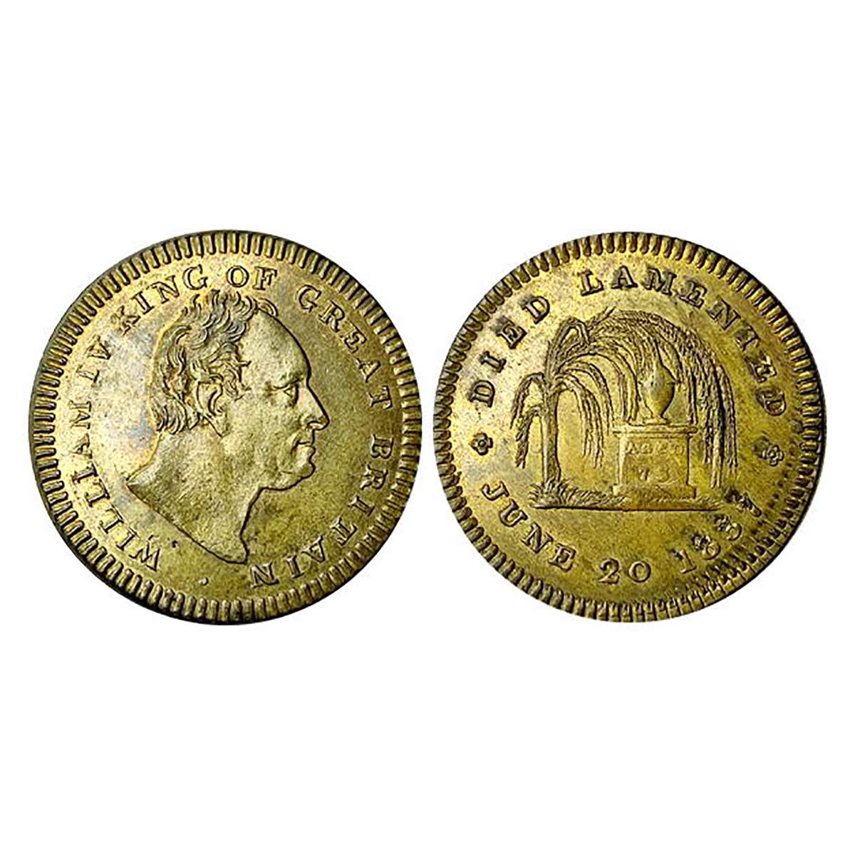 William IV Death Token, Copper, 4.84 g, bust of the British king to right on obverse and c