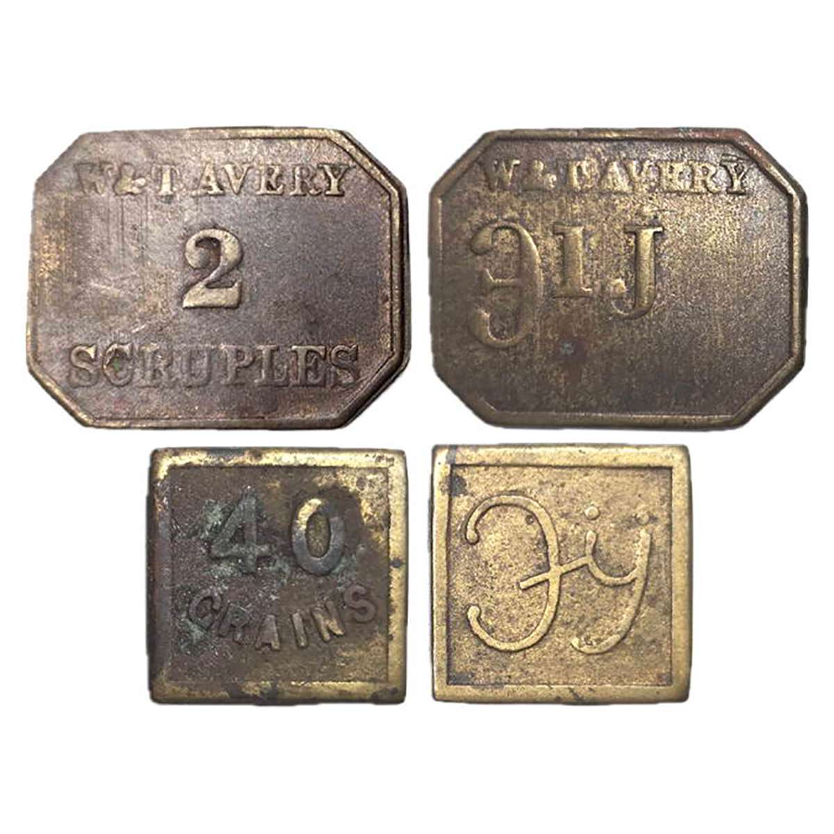 Weight Tokens of W & T Avery Ltd., England, Copper (2), 2.57 g and 2.45 g, initials J Y on