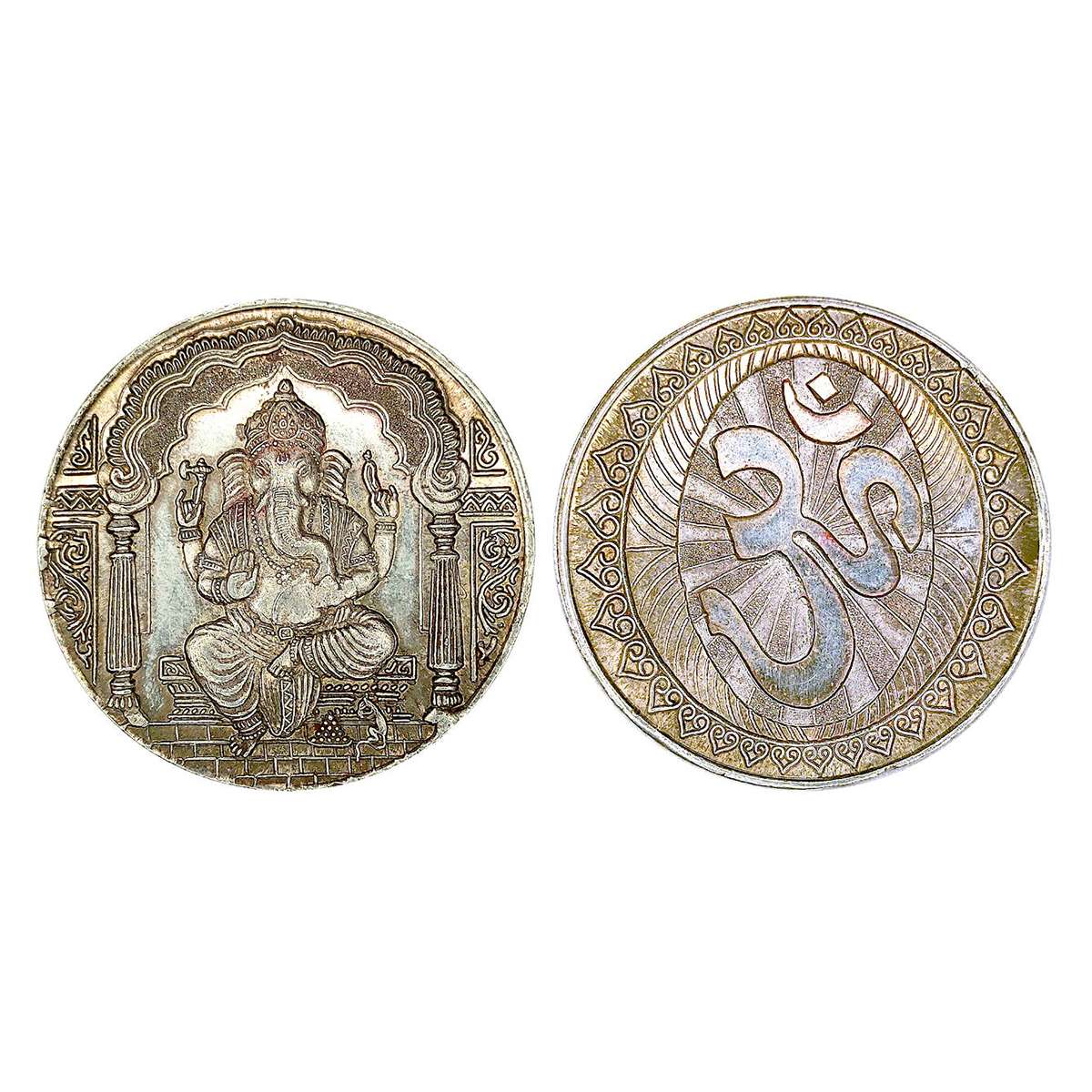Ganesh Token, Silver, 48.54 g, Lord Ganesh seated on a throne with an ornate framed backgr