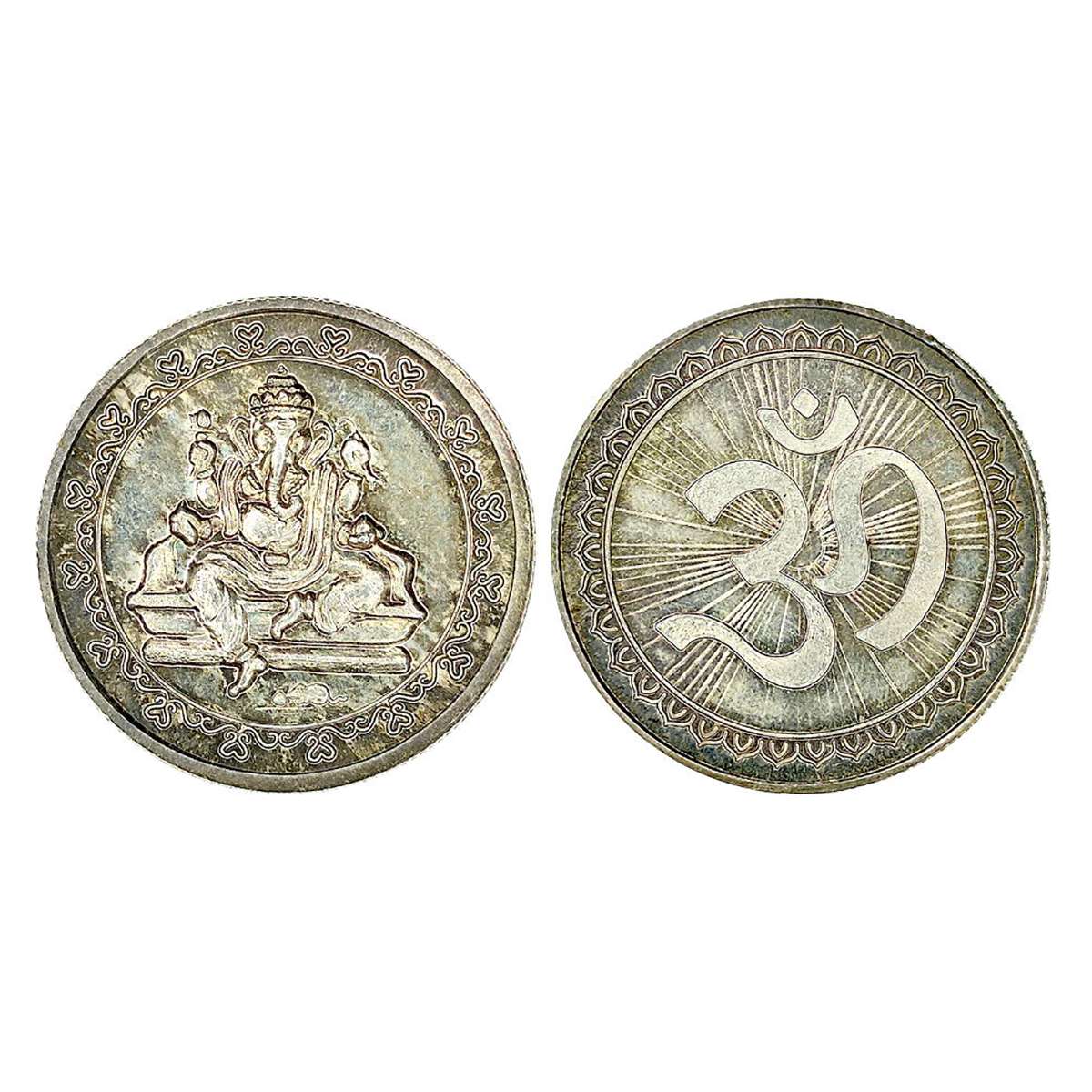 Ganesh Token, Silver, 25 g, Lord Ganesh seated on a throne with a floral circular border a