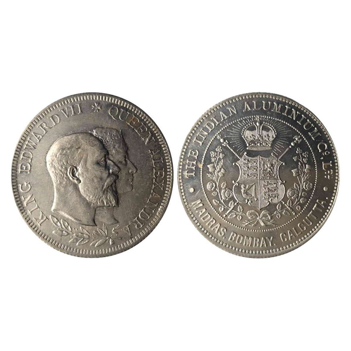 Aluminum, The Indian Aluminium Company Medal, 1901, Aluminium, obv. Conjoined bust of Edwa