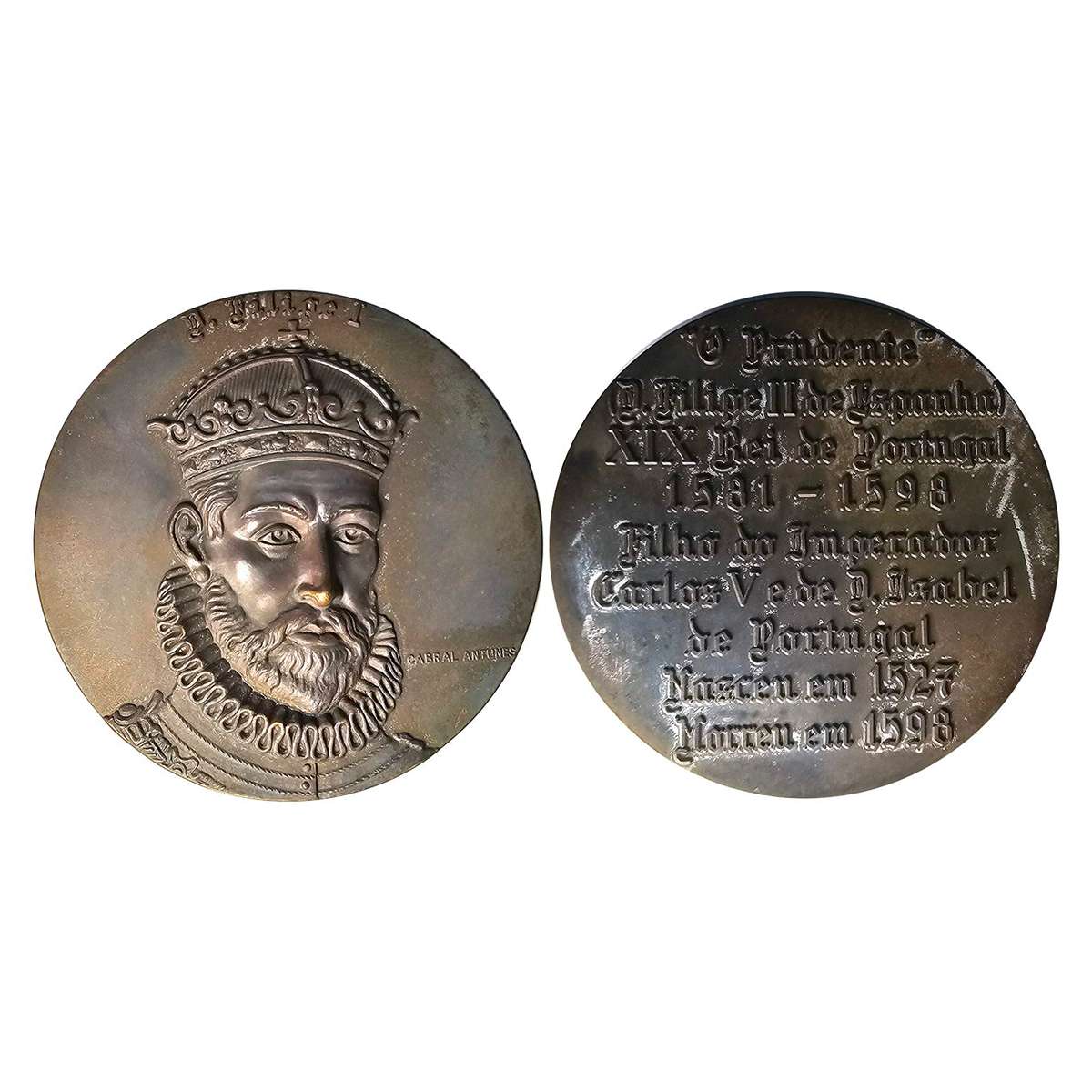 Indo Portuguese Monarchs, Bronze Medal, 85 g. D. FILIPE I (1527-1598). Obv: Portrait and d