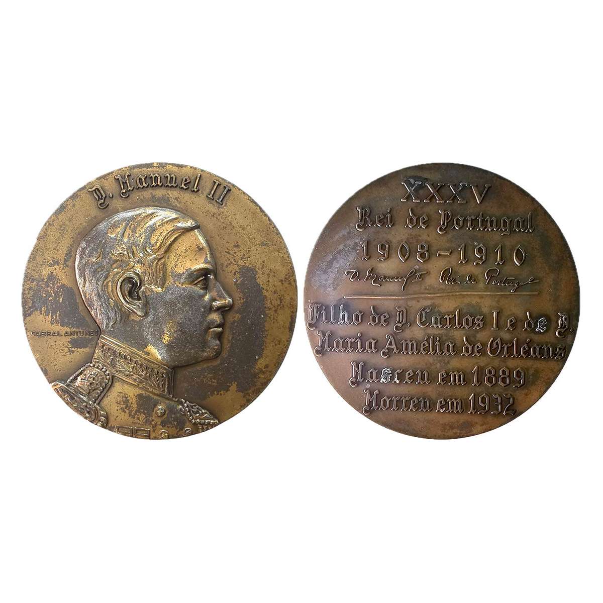 Indo Portuguese Monarchs, Bronze Medal, 85 g. D. MANUEL II (1908-1910). Obv: Portrait and 