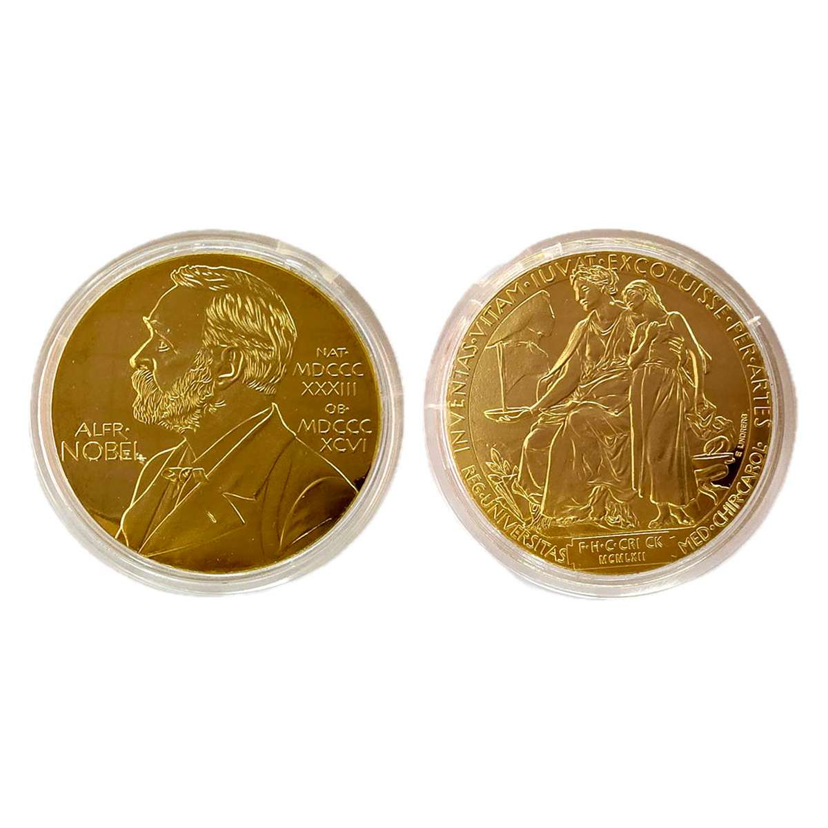 Nobel Prize Medal, Restrike, Gold plated on Copper. 1962 Nobel prize awarded to Dr H.F.C. 