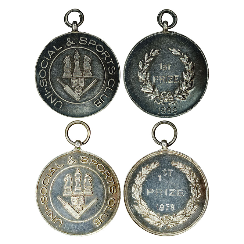 Uni-Social & Sports Club Medals (2), Silver, 15.14 and 101.7 g, Chess and other sports goo