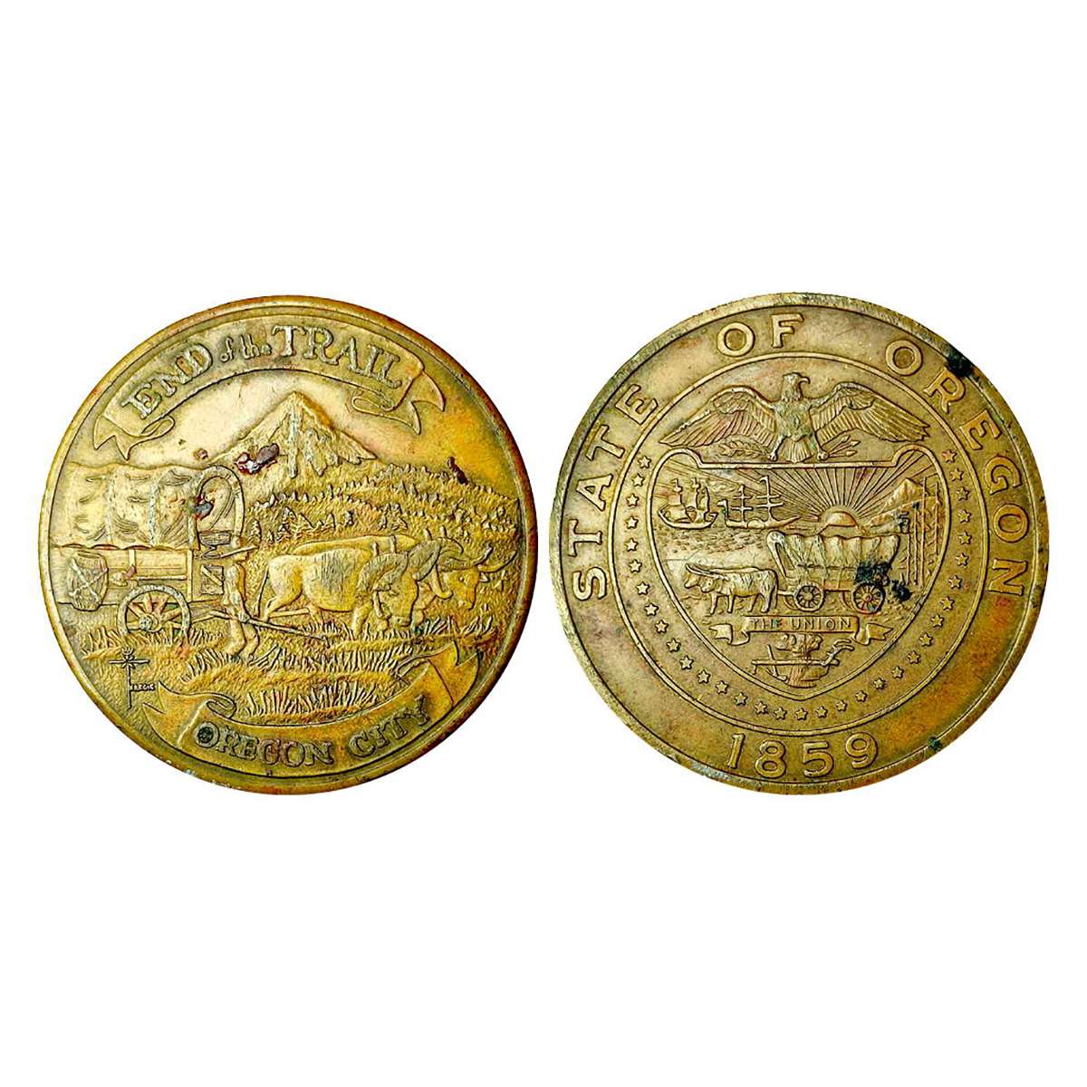 Oregon City Trail Medal, Copper, 26.30 g, scenes of the Oregon State of USA and name with 