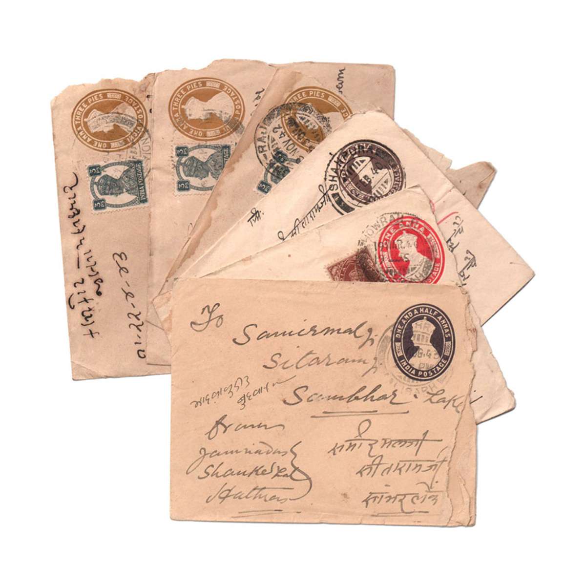 Paper, British India Post, Registered Envelopes (6). Victoria 1 Anna and 1 Anna 3 Pies; Ge