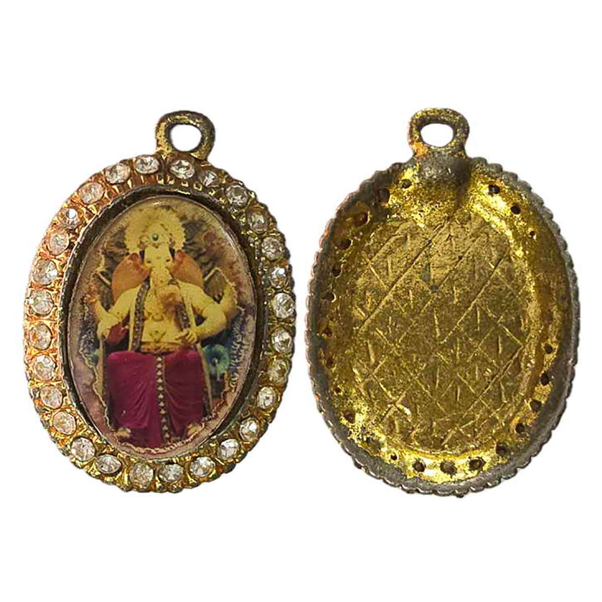 Ganesha Locket, Gold gilt on copper. Lal Bagh cha Raja seated on his throne. Old medal by 