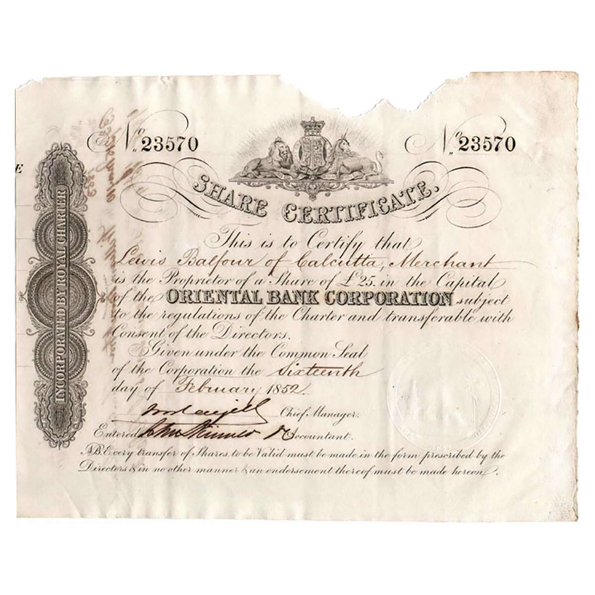 Paper, Oriental Bank Corporation, 1 Share Certificate of 25 Pounds, 16 February 1852 (date