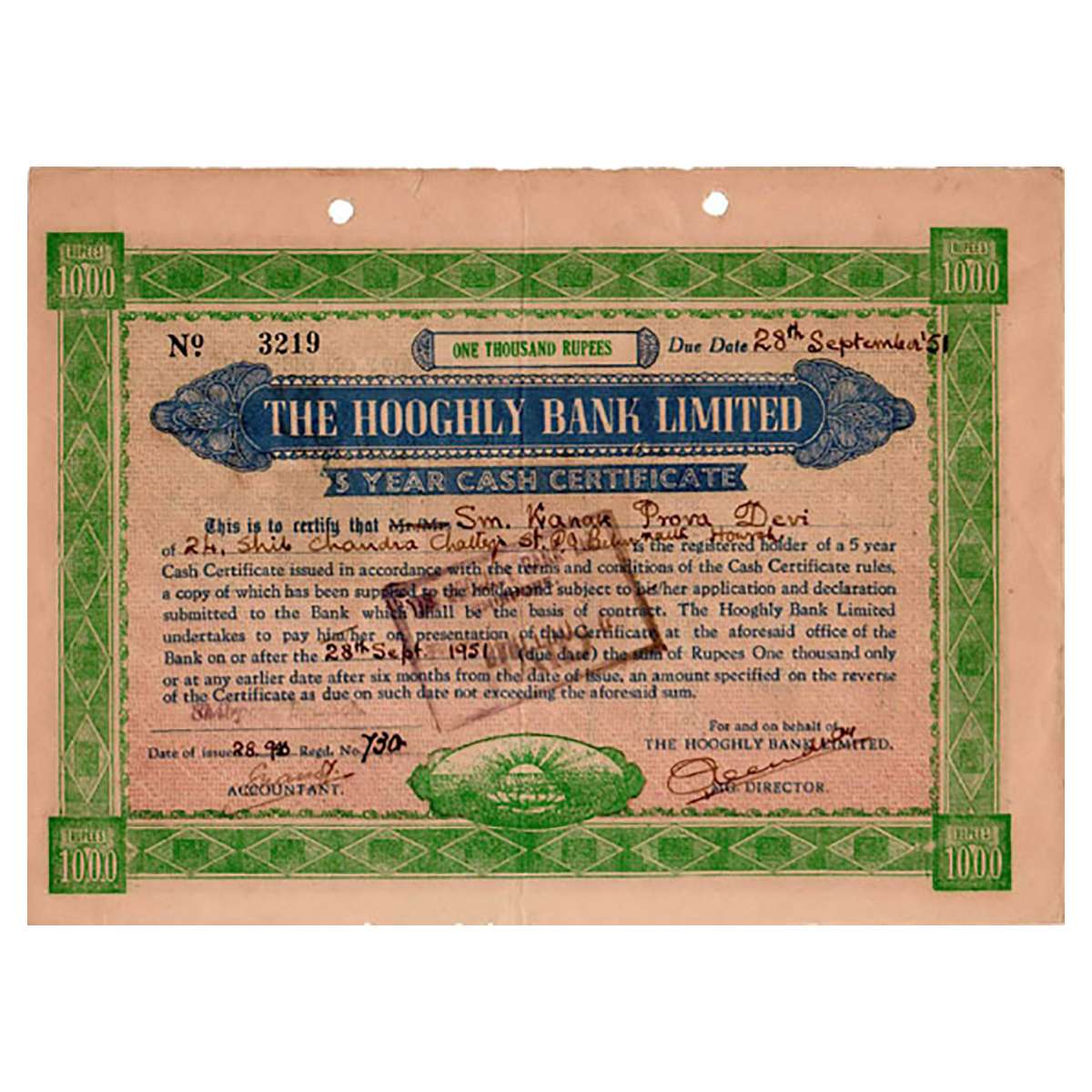 Paper, The Hooghly Bank Ltd, Share Certificate of a Cash Certificate of Rs. 1000/-, dated 