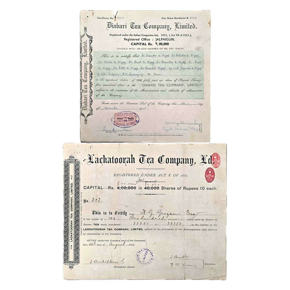 Paper, Tea Garden Share Certificates (2), British India period. The Jackatoorah Tea Compan