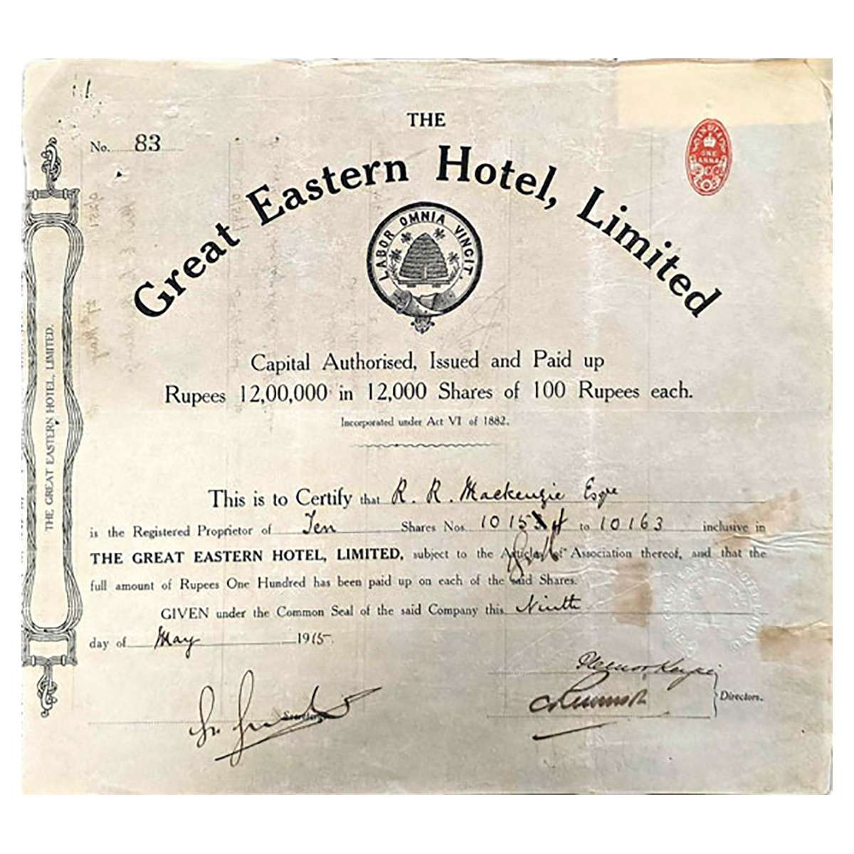 Paper, Great Eastern Hotel Limited, Share Certificate of 10 Shares of 100 Rupees, British 