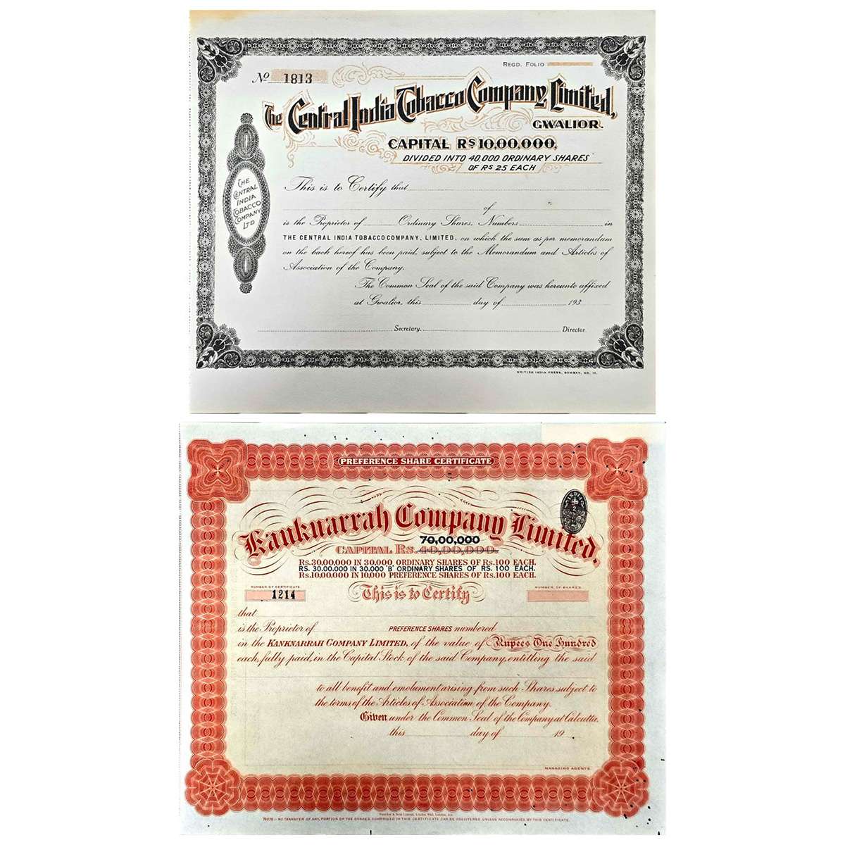 Paper, Central India Tobacco Company Ltd., Gwalior; and Kanknarrah Company Ltd, Calcutta. 