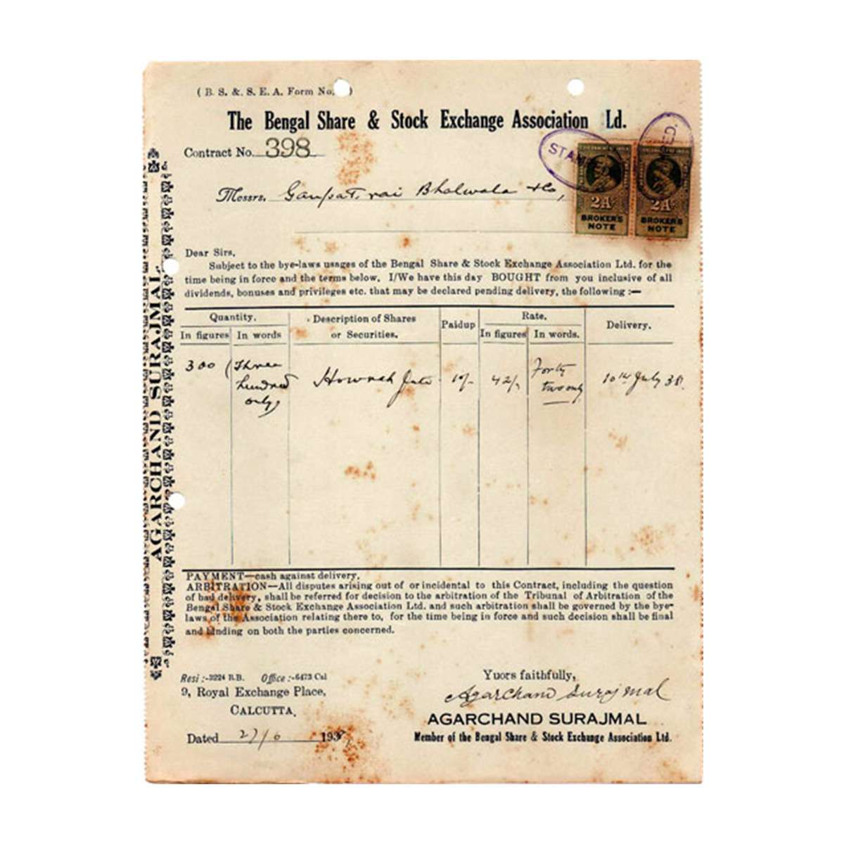 Paper, Share Certificate Receipt of 300 Shares of Howrah Jute, by the Bengal Share and Sto