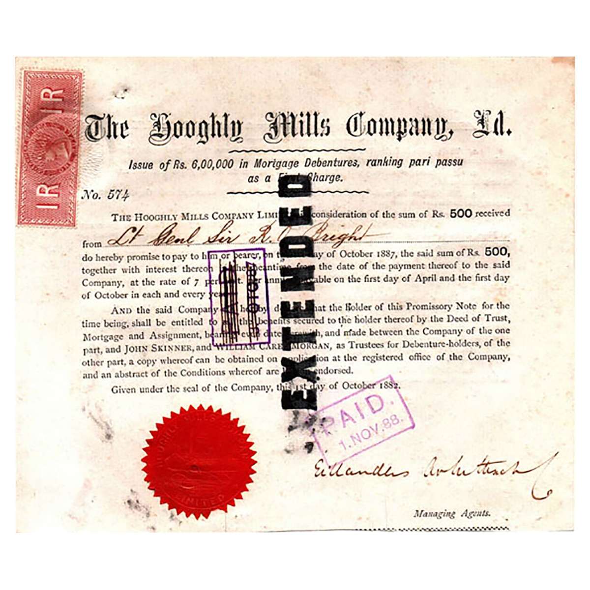 Paper, Mortgage Debenture Certificate of the Hooghly Mills Company Ltd., British India Per