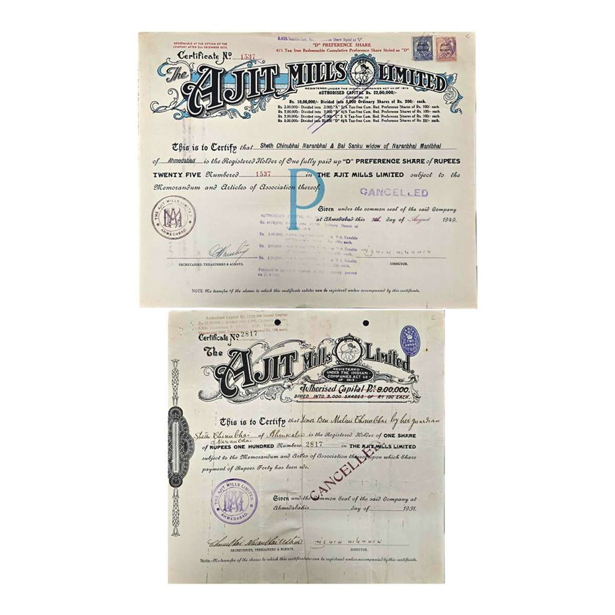 Paper, Ajit Mills Ltd. 2 Share Certificates of 1 Share each 25 Rupees and 100 Rupees and i