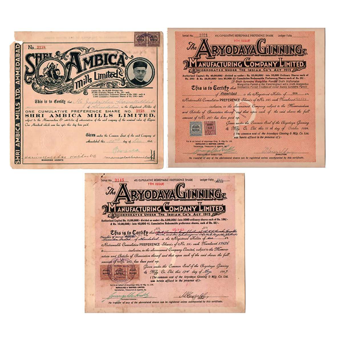 Paper, Shri Ambica Mills Ltd. and Aryodaya Ginning nad Manufacturing Co. Ltd. Share Certif
