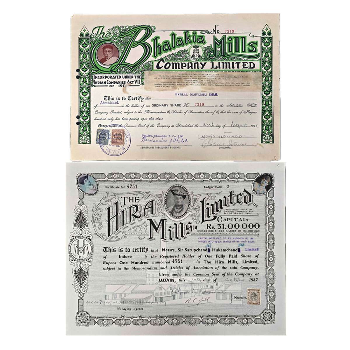 Paper, Bhalakia Mills Ltd. (1941) and Hira Mills Co. Ltd. (1937), Share Certificates (2). 
