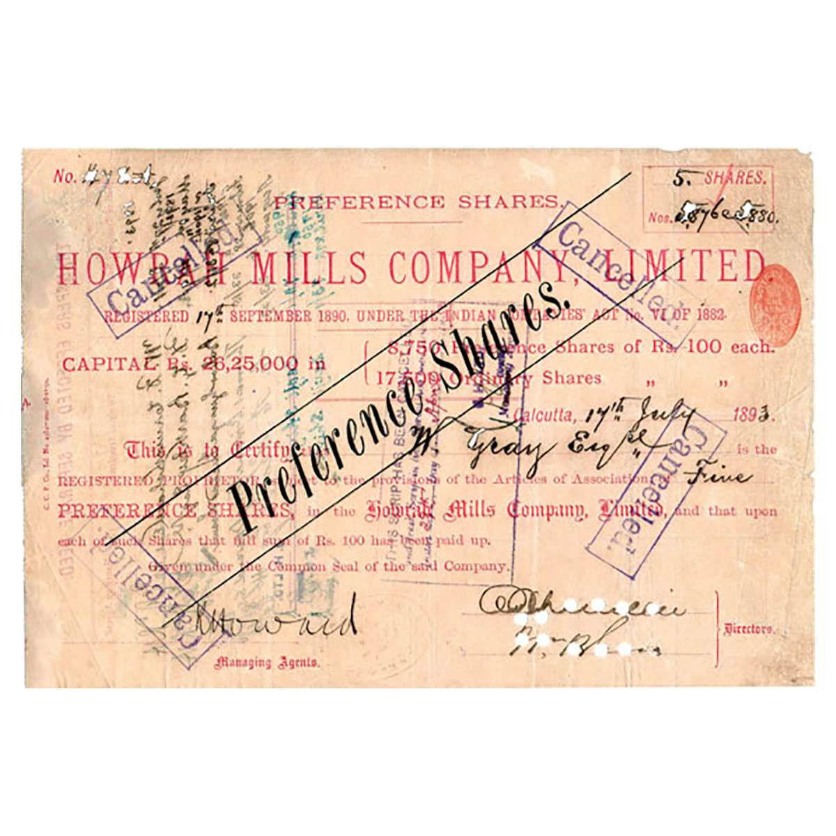 Paper, Howrah Mills Company Ltd. Share Certificate of 5 Preferential Shares of Rupees 100,