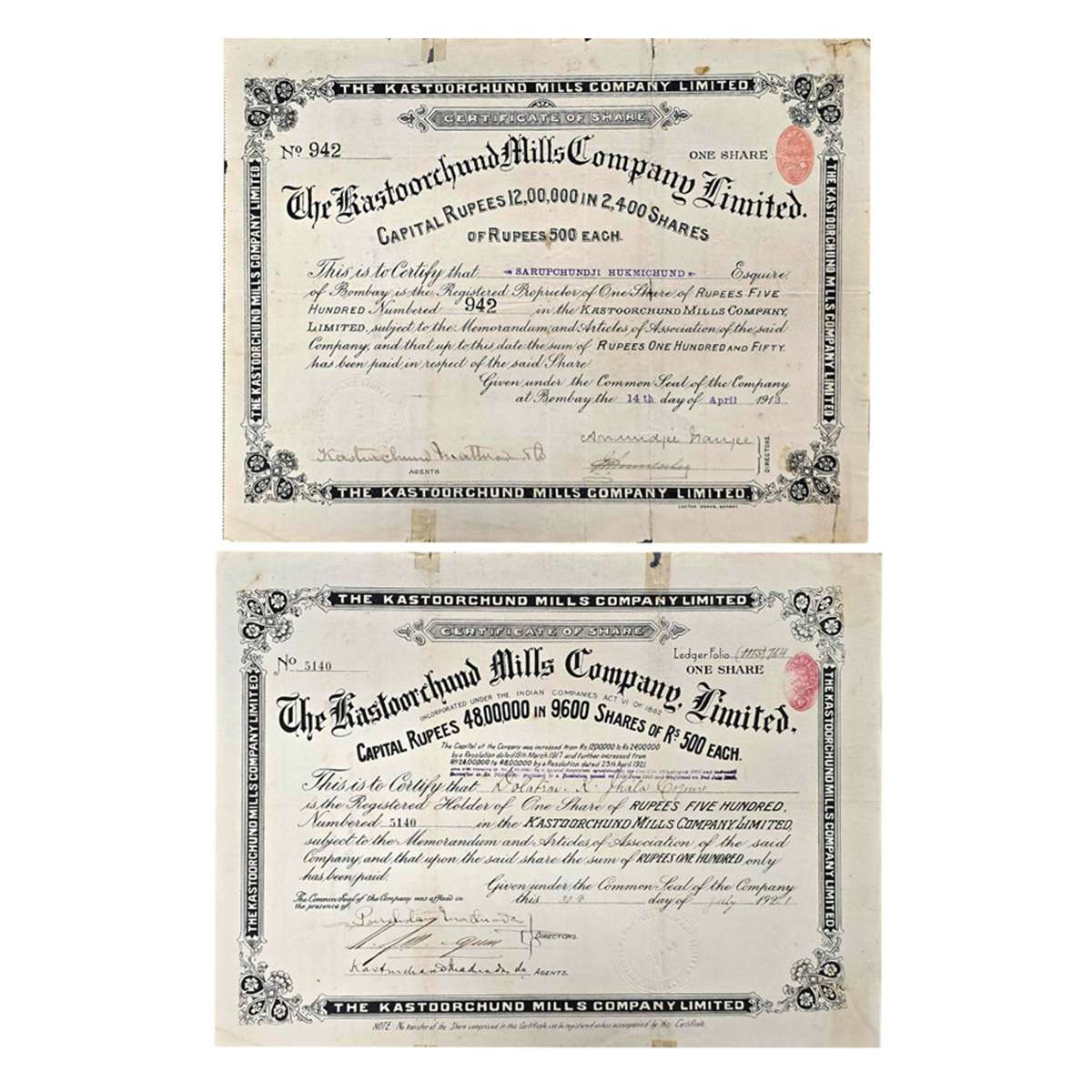 Paper, Kastoorchund Mills Company Ltd. (1913 and 1921). Share Certificates of 1 Share of R