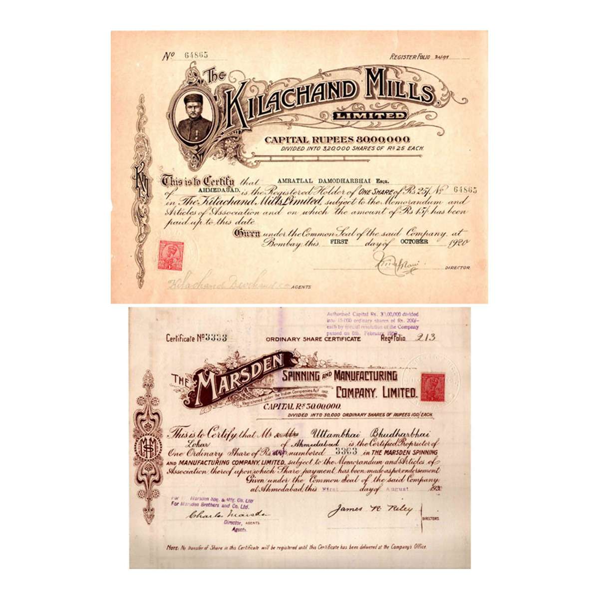 Paper, Marsden Spinng and Manufacturing Company Ltd., Share Certificate of 1 Share of Rupe