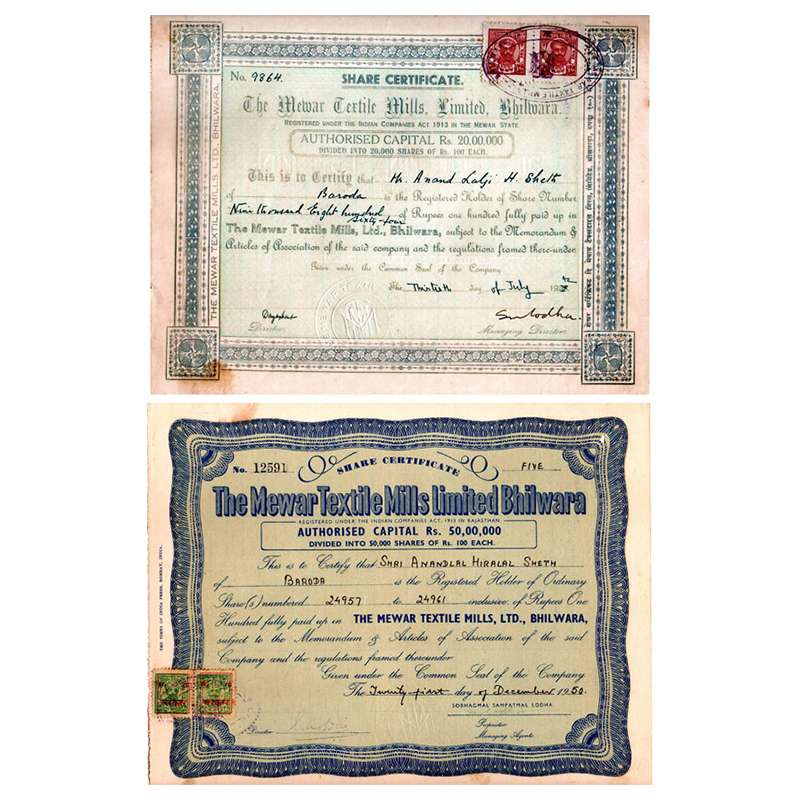 Paper, Mewar Textile Mills Ltd., 2 Share Certificates, 1 Share of Rupees 100, dated 13 Jul