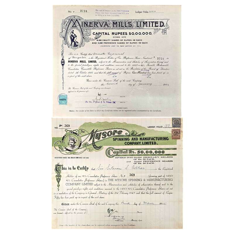 Paper, Mysore Spinning and Manufacturing Co. Ltd., Share Certificate of 1 Share of Rupees 